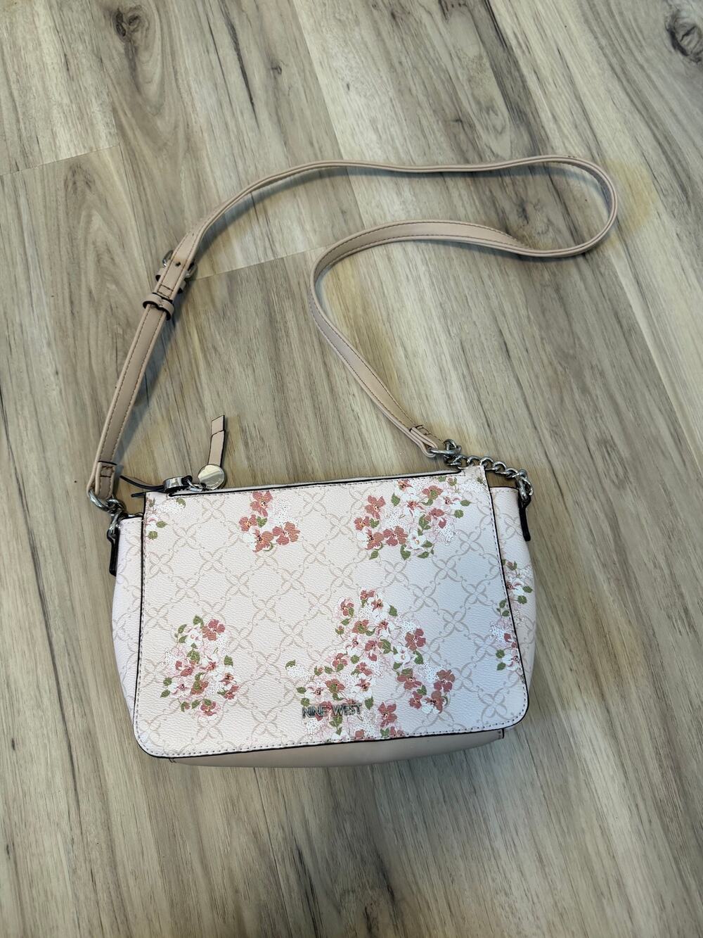 Nine West Beige Patterned Pink Floral Crossbody Purse Top Zip Bag Chain Detail